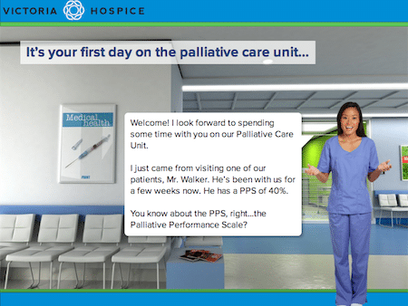 Page where a nurse-like character welcomes the learner to the Palliative Care Unit