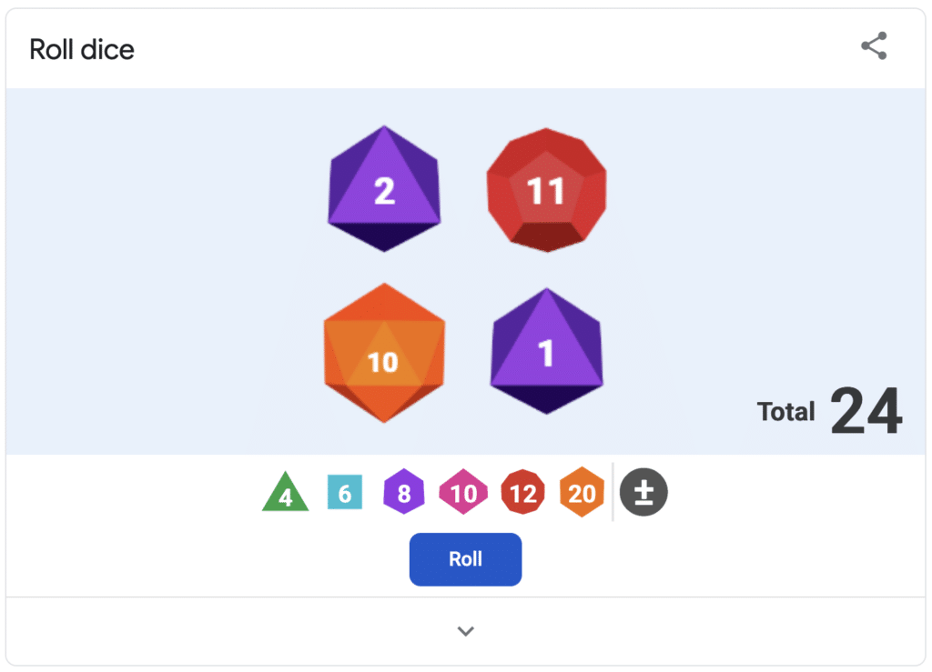 screenshot of google's roll a die