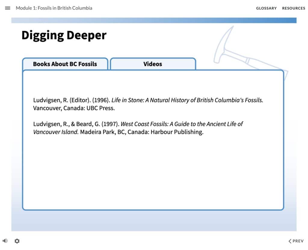 Digging Deeper slide with a tab for Books About BC Fossils and a tab for Videos