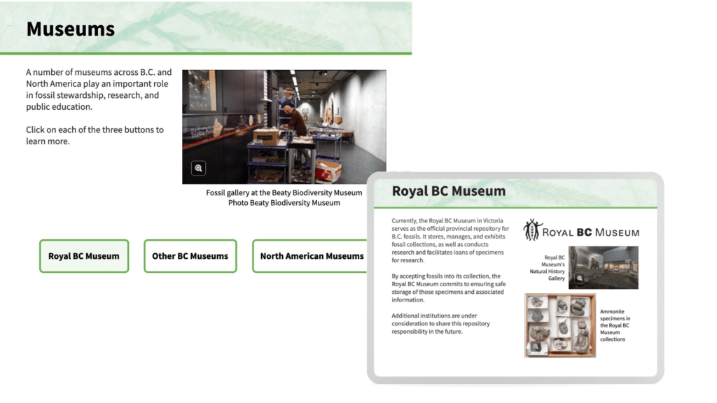Museums slide with buttons for three museums, and the Royal BC Museum page is highlighted.